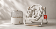Baby bottle sterilizer and compact baby swing with a red half-price tag — saving on baby gear with open-box and returns