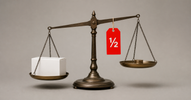 Balance scale tipping sealed box against coins with red half-price tag