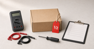 Inspection workbench with multimeter, screwdriver and clipboard around a box with a red half-price tag — how we inspect, test and grade every item