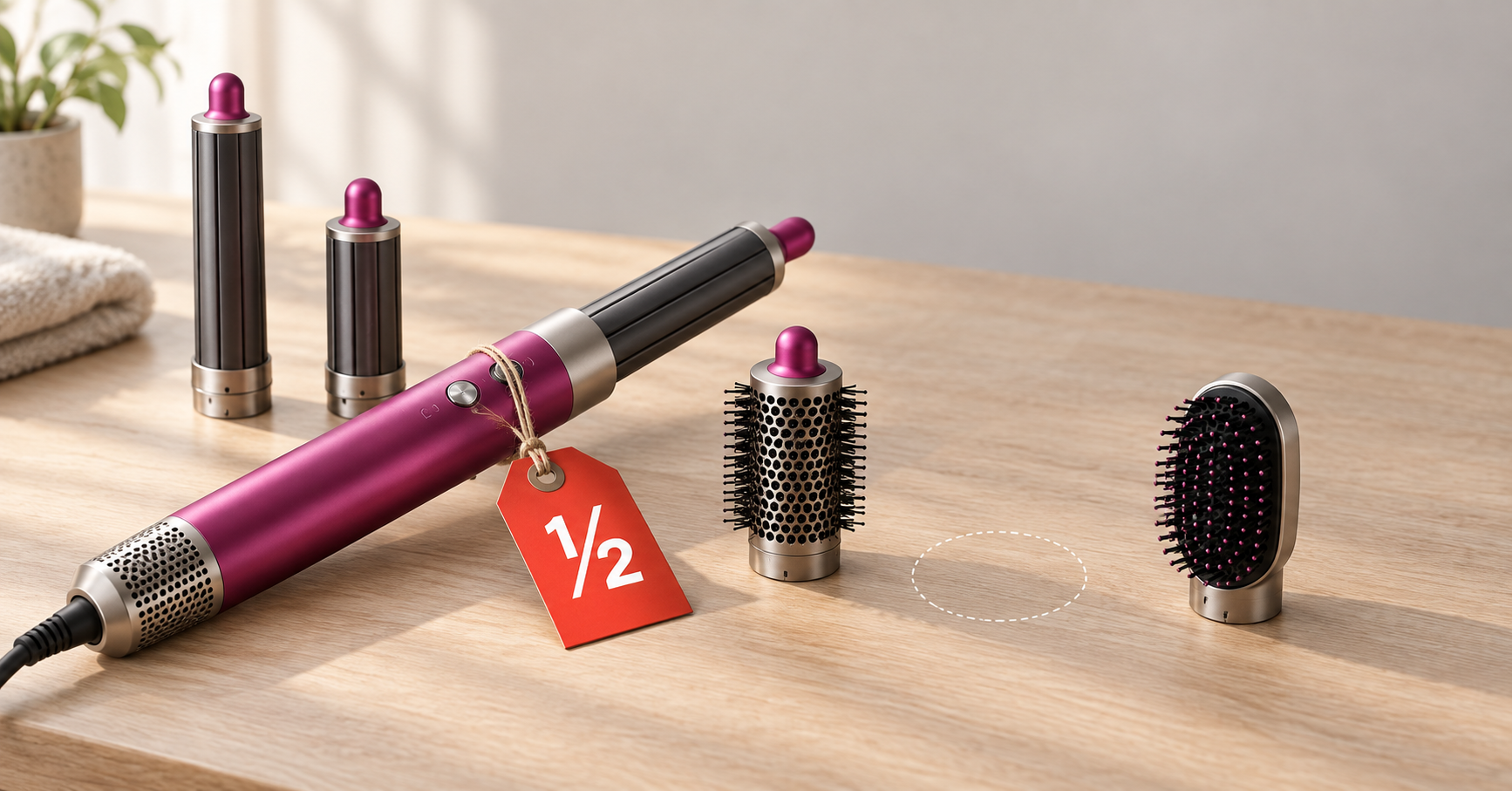 Open-box hair multi-styler with curling barrels and brush attachments and a red half-price tag