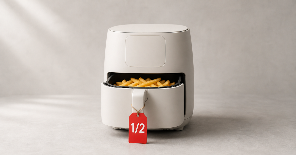 Air fryer with basket pulled out showing golden fries, red half-price tag on the handle — open-box air fryer deals in Canada