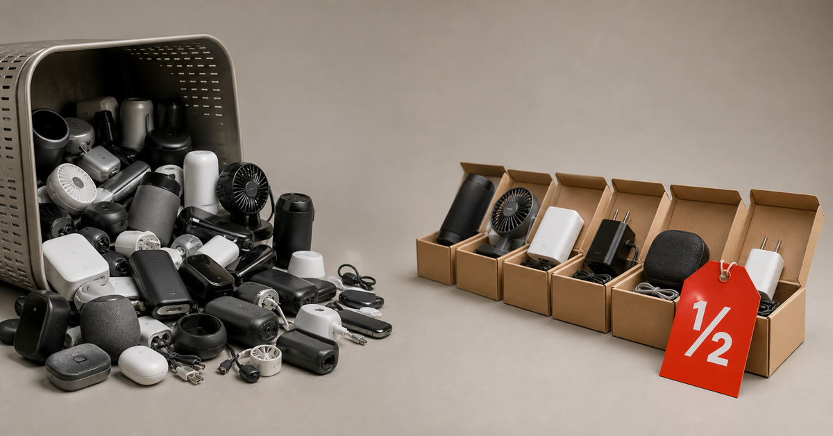 Messy bin of gadgets versus neatly arranged open-box items with red half-price tag