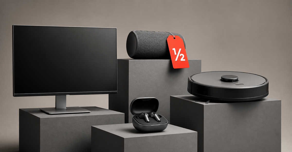 Open-box electronics on grey plinths with red half-price tag
