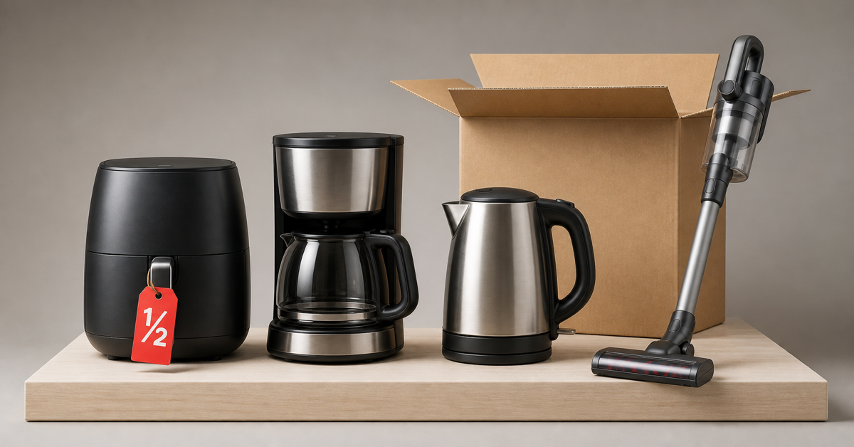Lineup of open-box small appliances with red half-price tag on air fryer