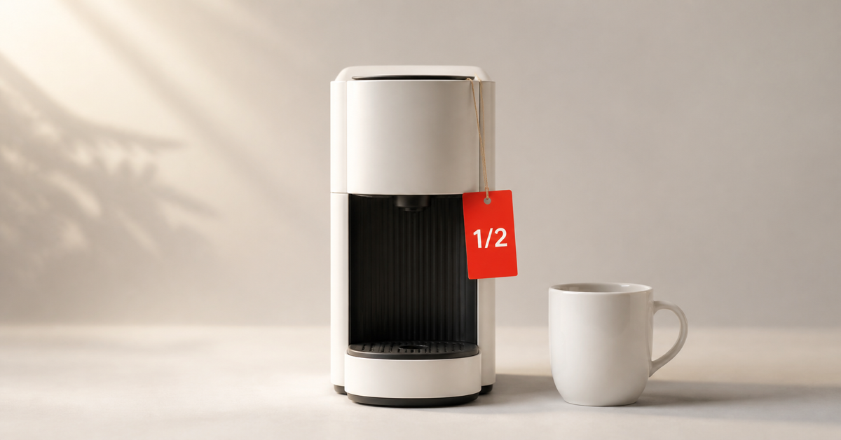 Pod coffee machine with a white mug and a red half-price tag — Keurig and coffee maker open-box deals