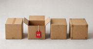 Four cardboard boxes showing the condition spectrum from sealed to used, red half-price tag on the open box — open-box vs new vs refurbished vs used