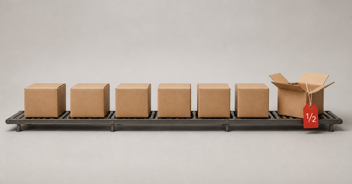 Conveyor row of cardboard boxes ending in an open box with a red half-price tag — why liquidation stores are so cheap