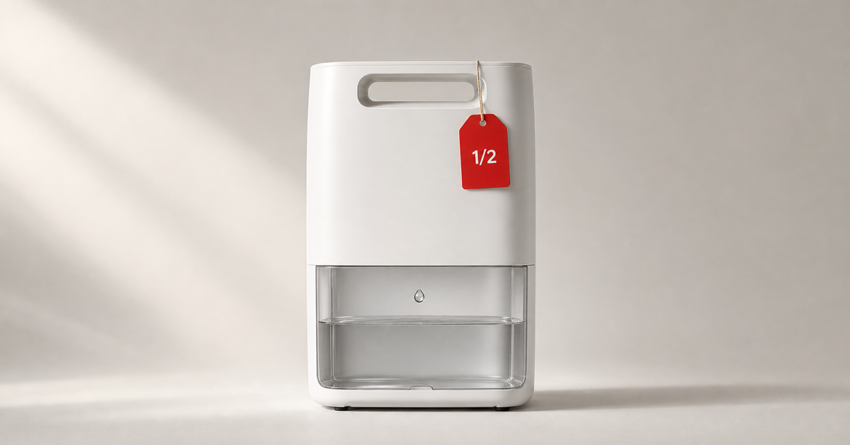 White dehumidifier with a water droplet motif and a red half-price tag — dehumidifier deals in Canada open-box buying guide
