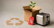 Seedling growing from cardboard box beside rescued toaster with red half-price tag