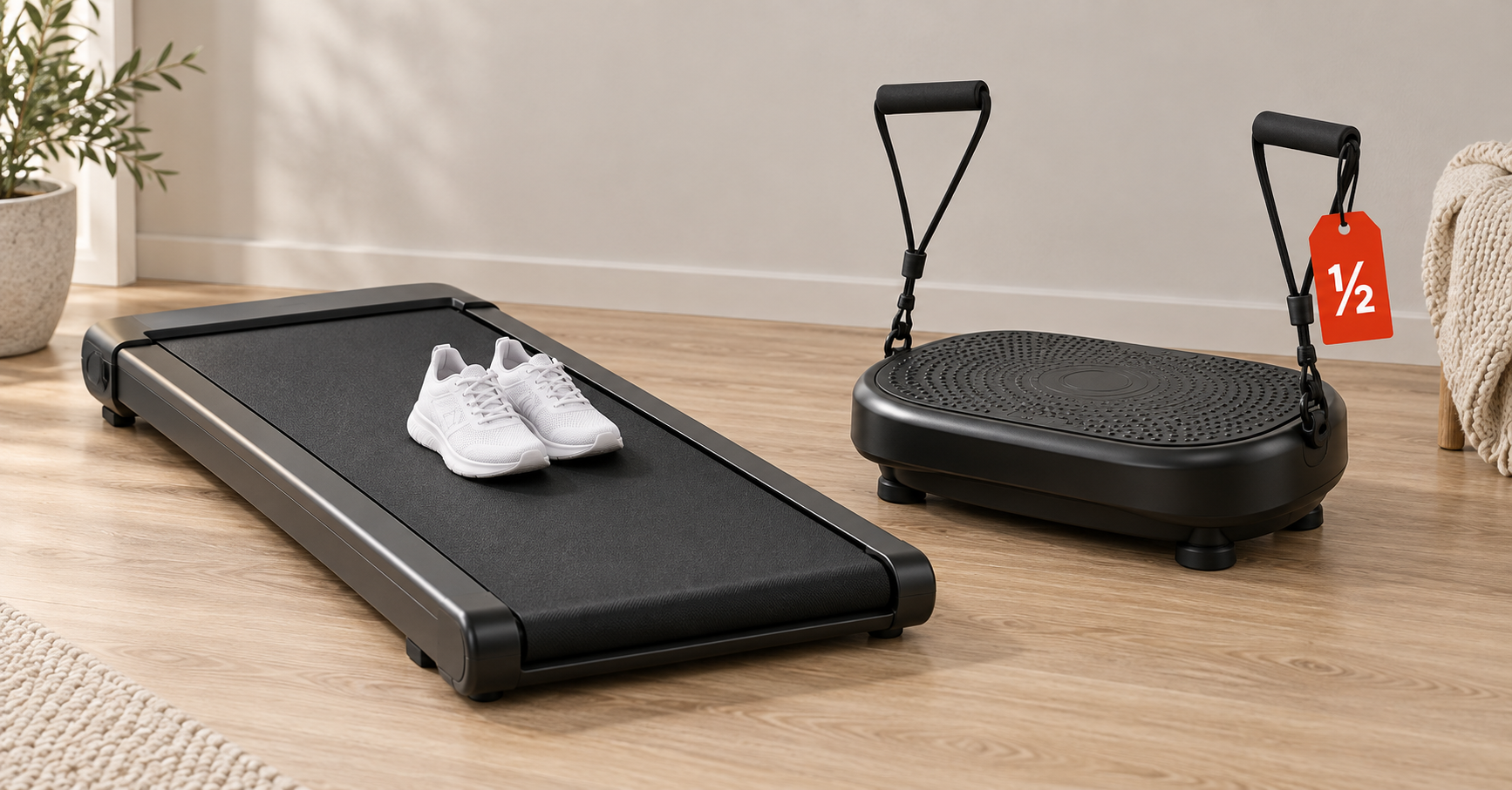 Under-desk walking pad next to a vibration plate with a red half-price tag