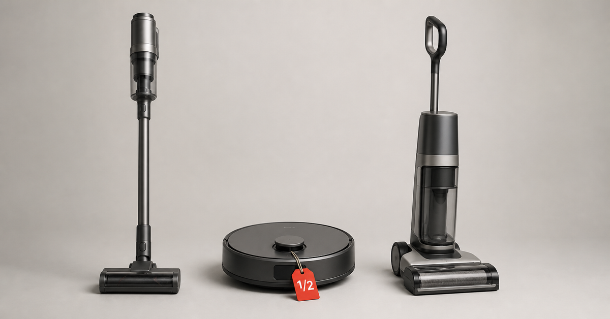 Stick vacuum, robot vacuum and wet-dry floor washer in a row with a red half-price tag — open-box vacuum buying guide