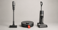 Stick vacuum, robot vacuum and wet-dry floor washer in a row with a red half-price tag — open-box vacuum buying guide