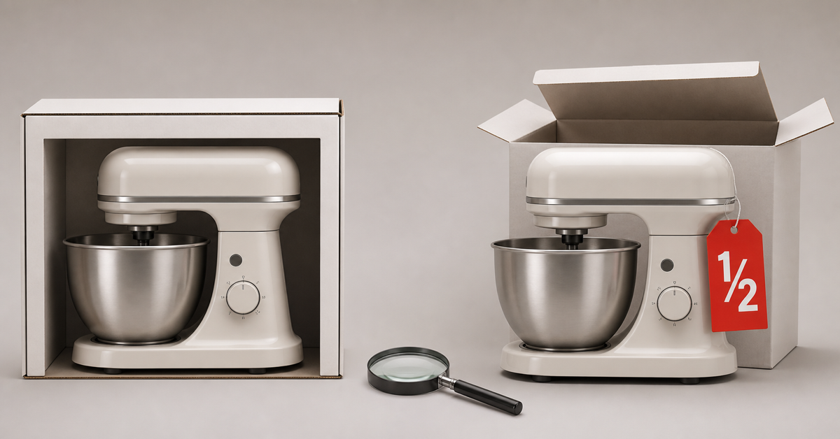 Sealed stand mixer next to open-box unit with magnifying glass and red half-price tag