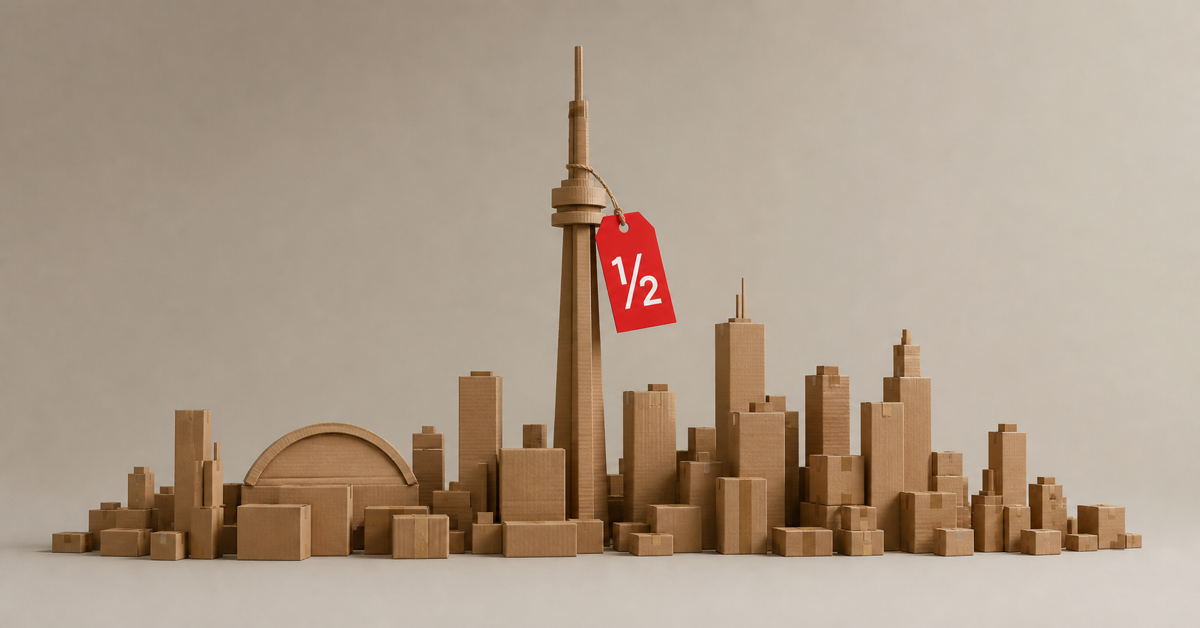 Toronto skyline built from cardboard boxes with red half-price tag