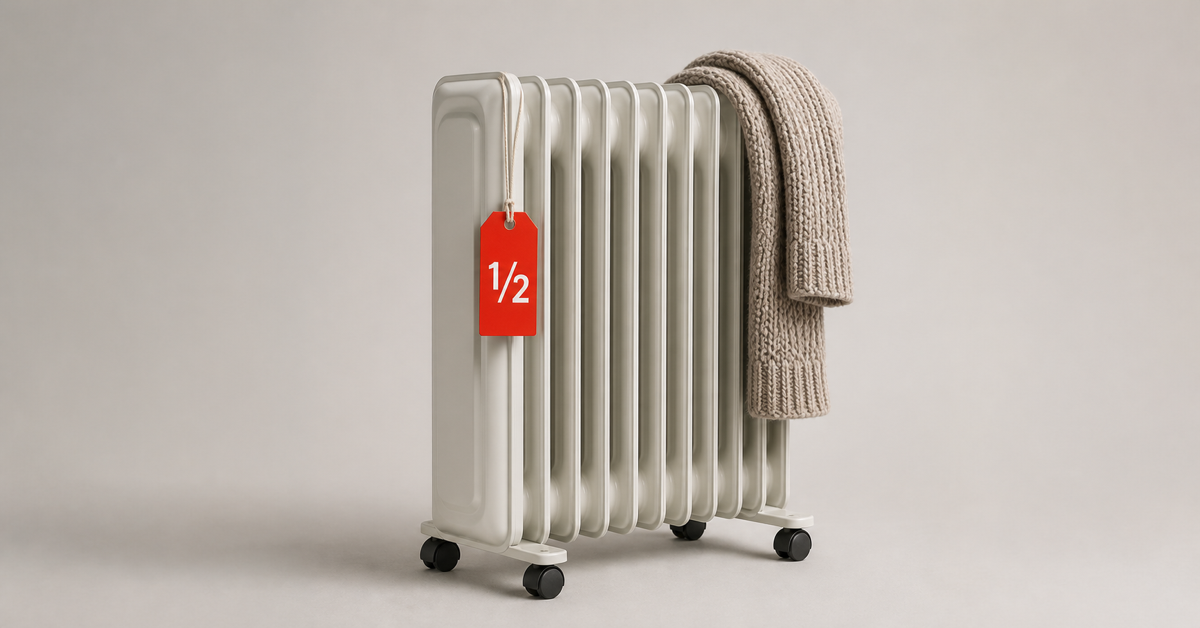 Oil-filled radiator heater with a knitted scarf and a red half-price tag — open-box space heater deals Canada