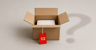 Open cardboard box with a red half-price tag and a question-mark shadow — do open-box products have a warranty in Canada