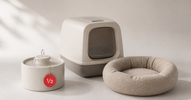 Pet water fountain, litter box and pet bed with a red half-price tag — open-box pet supplies deals in Canada