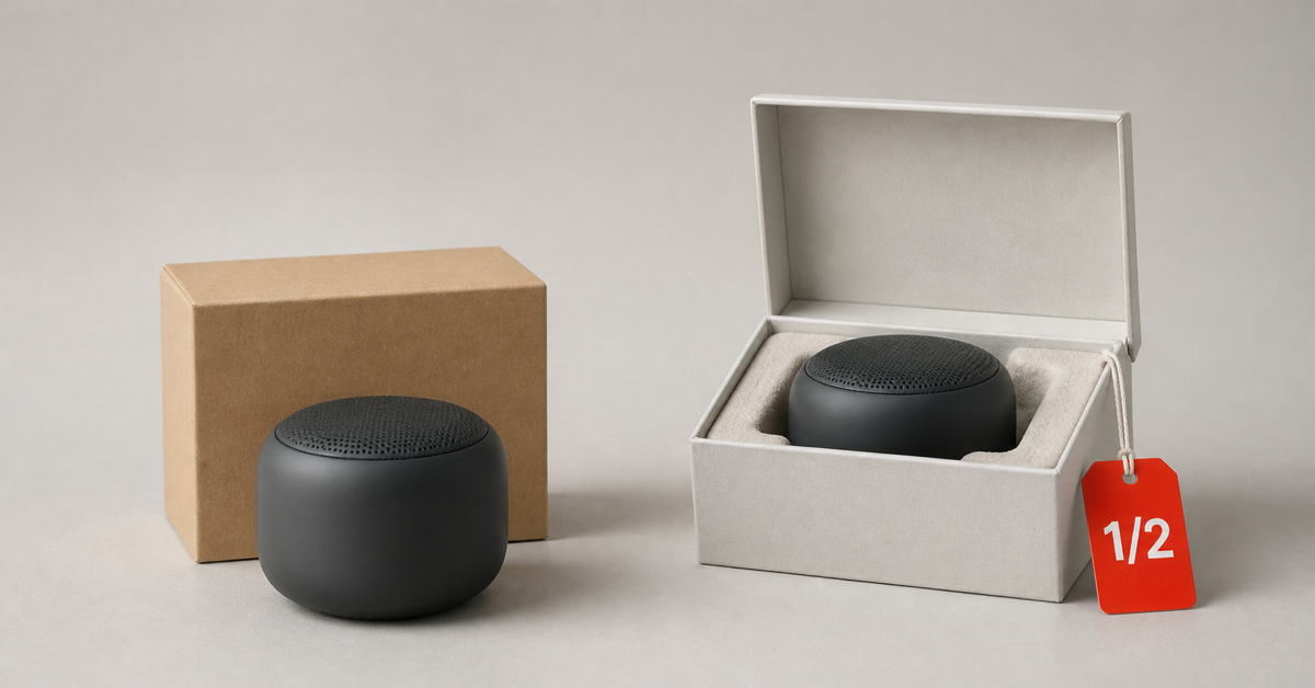 Refurbished-style box next to an original open box with a red half-price tag — Amazon Renewed vs open-box