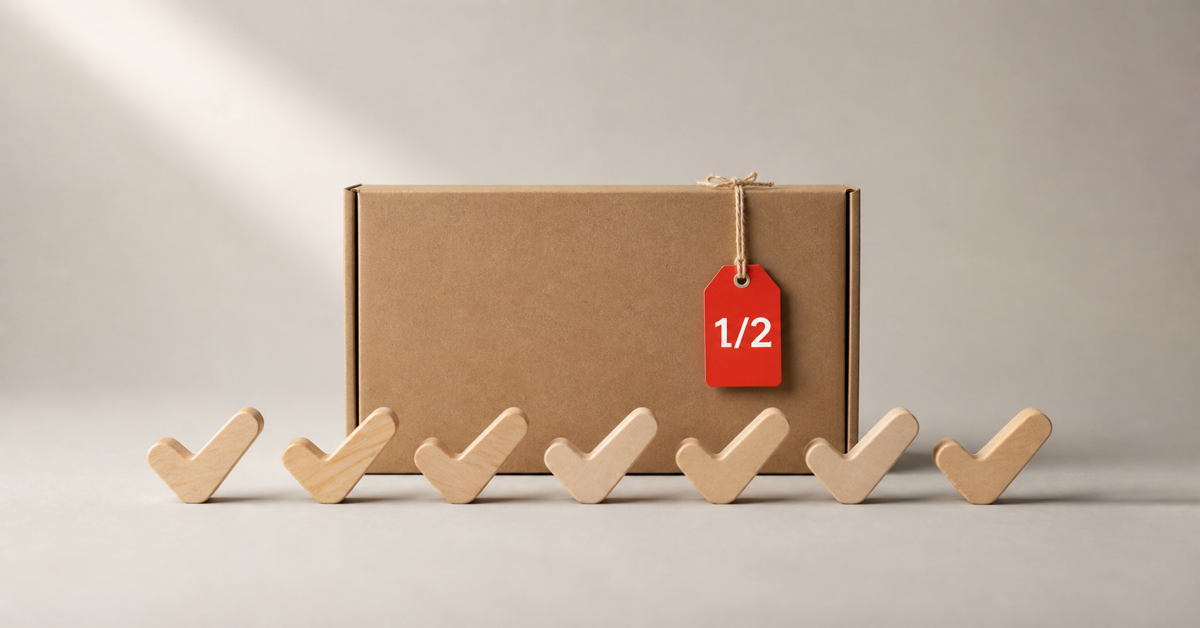 Cardboard box with seven checkmark tokens and a red half-price tag — 7 things to check before buying open-box