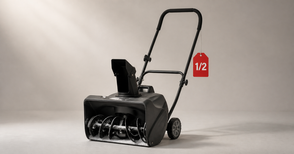 Compact electric snow blower with light snow on the auger and a red half-price tag — open-box snow blower deals in Canada