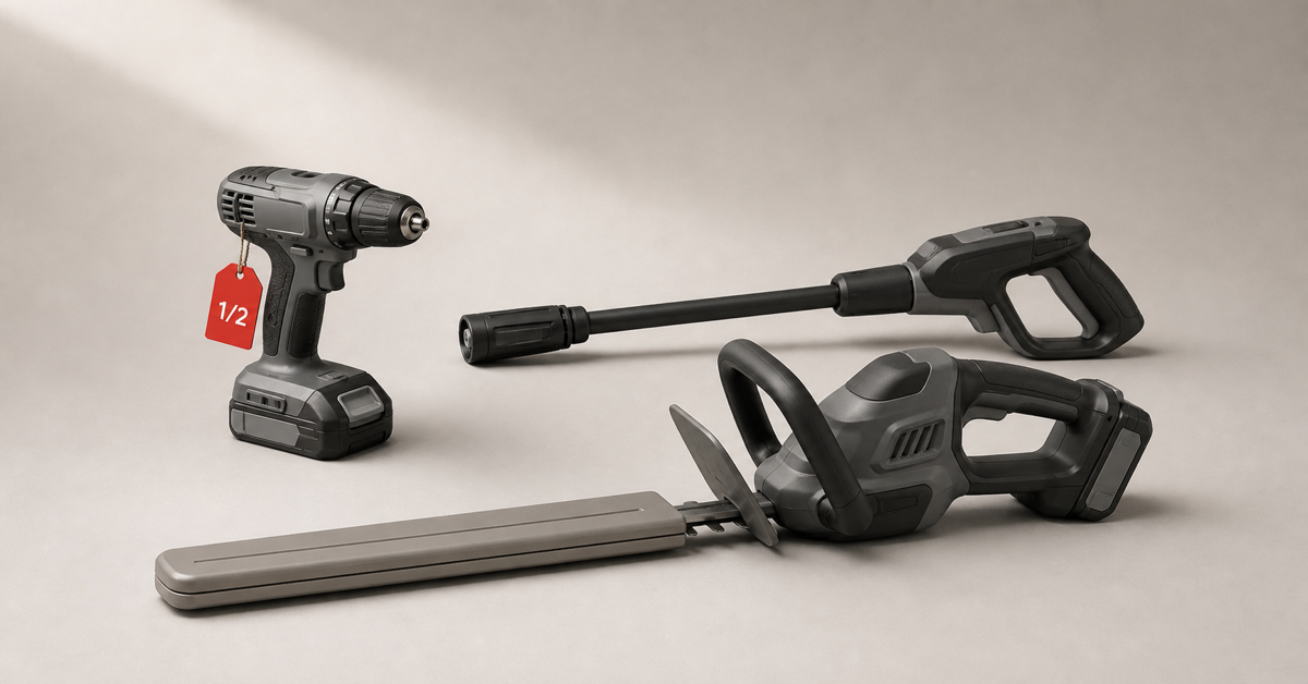Cordless drill, pressure washer wand and hedge trimmer with a red half-price tag — open-box power tools and outdoor deals Canada