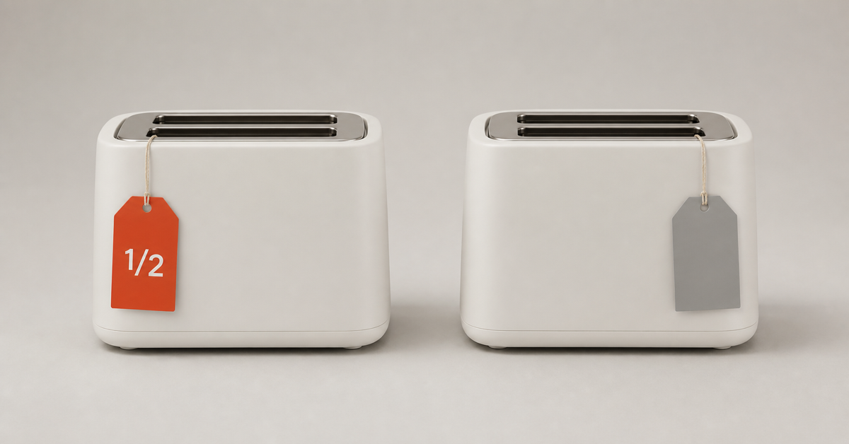 Two identical appliances, one with a red half-price tag — how much you save buying open-box