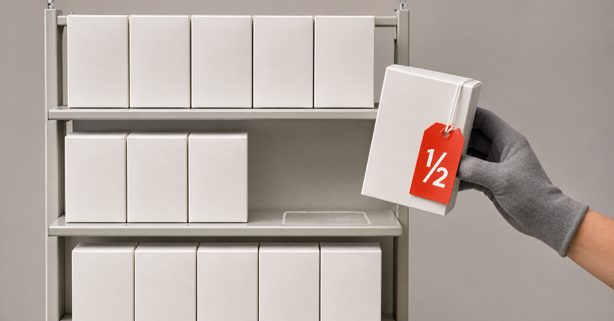 Gloved hand lifting sealed box off retail shelf with red half-price tag