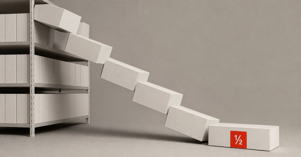 Cascade of product boxes descending like dominoes with red half-price tag