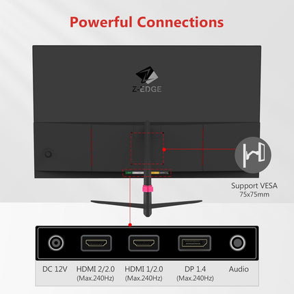 Z-Edge 24.5" Gaming Monitor, Z-Edge UG25I FHD 1920x1080 240Hz Gaming Monitor, 1m
