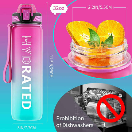 QLUR Water Bottle with Straw, 32oz Sports Motivational Water Bottle with Time Ma