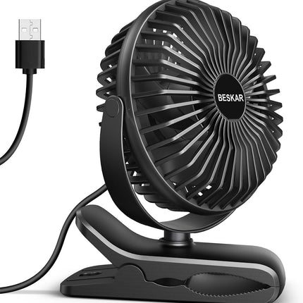 BESKAR USB Powered Clip on Fan, Portable Small Fan with Cord, 3 Speeds