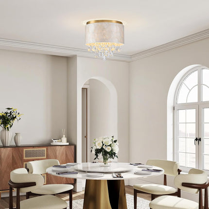 LumFurn 3-Light Drum Capiz Shell K9 Crystal Ceiling Light, Coastal Flushmount Li