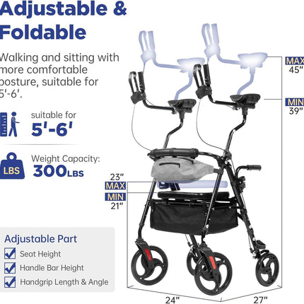 Purarelax Upright Rollator Walker, Stand Up Walkers with Armrest, 10" Wheels, Fr