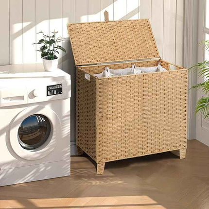 214 L Wicker Laundry Hamper with Lid 3 Section, Extra Large HandWoven Synthetic