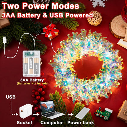 Christmas Tinsel Garland with Lights Iridescent Metallic Foil Garland 16.4FT USB