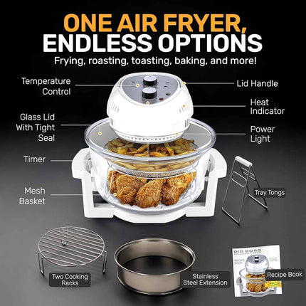 Granitestone 16 Qt Glass Air Fryer Oven Non Toxic, Oil-Less Air Fryer, 16 Quart, 1300W with Built in Timer, Self Clean Function, Dishwasher Safe, Includes 50+ Recipe Book - White