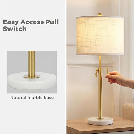 Table Lamp Set of 2, 22-30 inch Height Adjustable Modern Nightstand Lamps with Marble Base & Beige Linen Shades