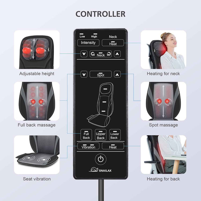 Snailax Shiatsu Back Massager With Heat - Deep Kneading Chair Pad, Adjustable In