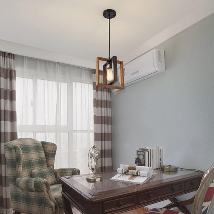 Black Farmhouse Pendant Light,1-Light Small Chandelier,Wood Dining Room Light Fi