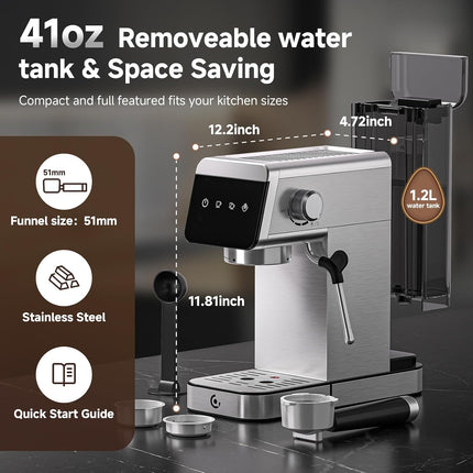 AMZCHEF 20 Bar Espresso Machine, Compact Stainless Steel Coffee Maker with LED Touch Screen & Milk Frother, Nickel