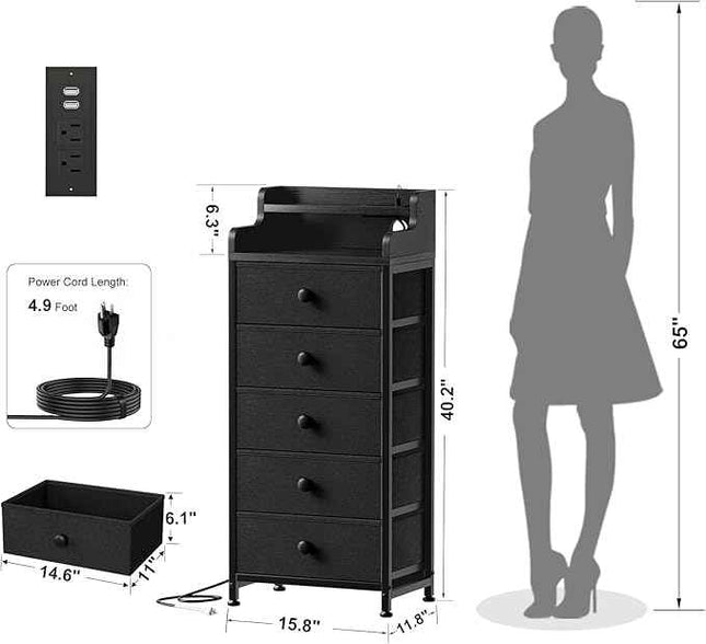 REAHOME Dresser for Bedroom with Charging Station and LED Lights, 5 Drawers Dres