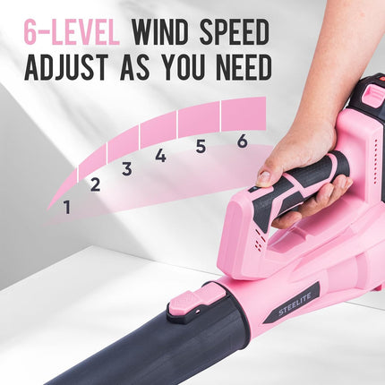 STEELITE 21V Cordless Leaf Blower, 150 MPH 600 CFM Airflow, 6-Speed, Lightweight 3.2 lb with 2 Batteries & Charger, Pink