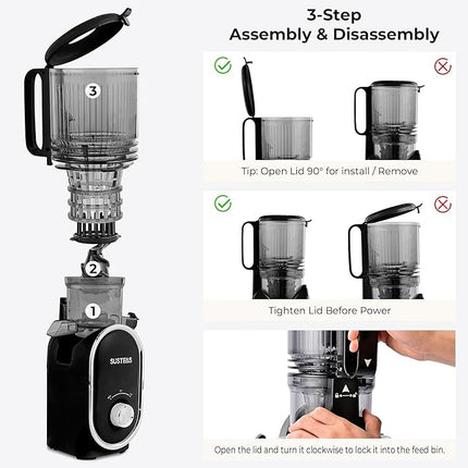 SUSTEAS Cold Press Juicer, 300W, 5.3" Large Feed Chute, 1.5L Capacity, Automatic