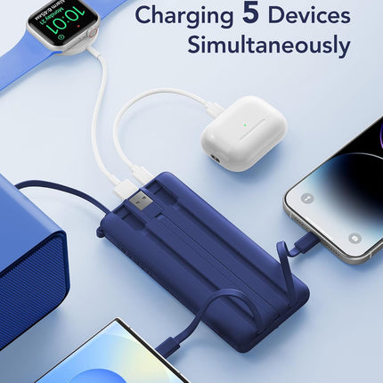 VRURC Portable Charger Buile-in 4 Cables 10000mAh, SlimPower Bank, 5 Output 2 In