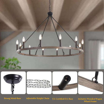 ZJVAIVE 12-Light Black Wagon Wheel Chandelier, 38''Rustic Farmhouse Chandelier,R