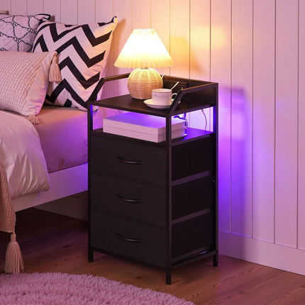 HOOBRO Nightstand with Charging Station, Bedside Table with AC Outlet, USB & Type-C, LED Light Strip, Fabric Drawer