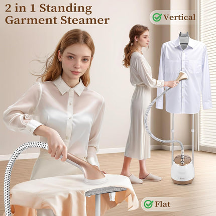 HAPAIS 1800W Standing Garment Steamer with Adjustable Double Pole, 2L Tank, 10 Fabric Settings, White Gold