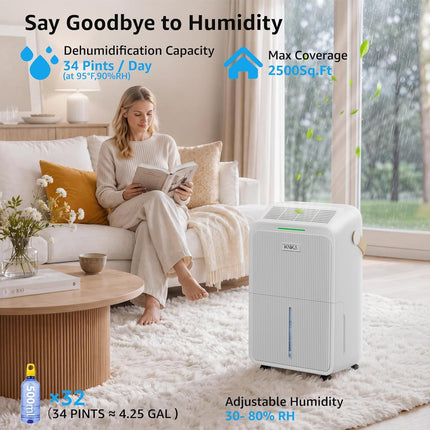 Dehumidifier for Basement with Drain Hose Max 34 Pints, KNKA 2500 Sq.Ft Dehumidi