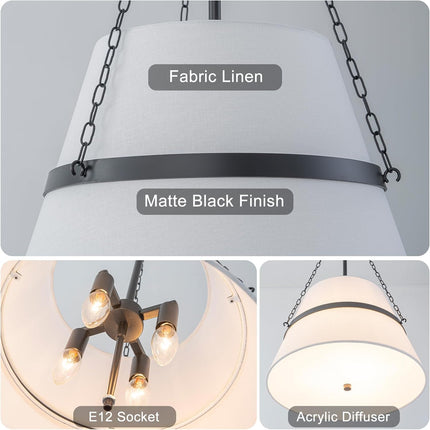 Modern Drum Chandelier for Dining Room 15.35" White Linen Fabric Pendant Light 4