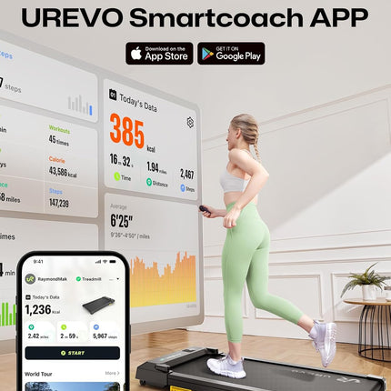 UREVO 2-in-1 Under Desk Walking Pad Treadmill, 4 MPH with 2.5 HP 40 dB Quiet Motor, App Control and 265 lb Capacity